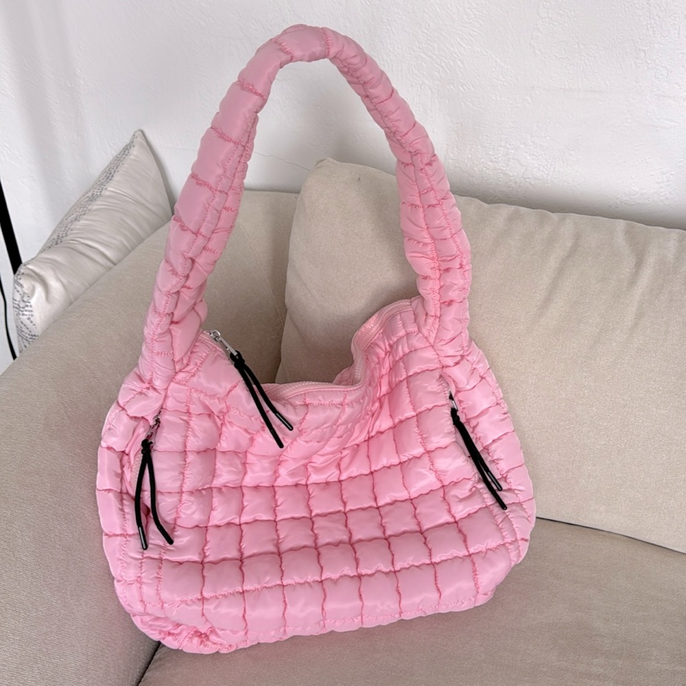 Katydid Light Blush Pink Oversized Slouchy Quilted Puffer Puffy Hobo Tote Bag